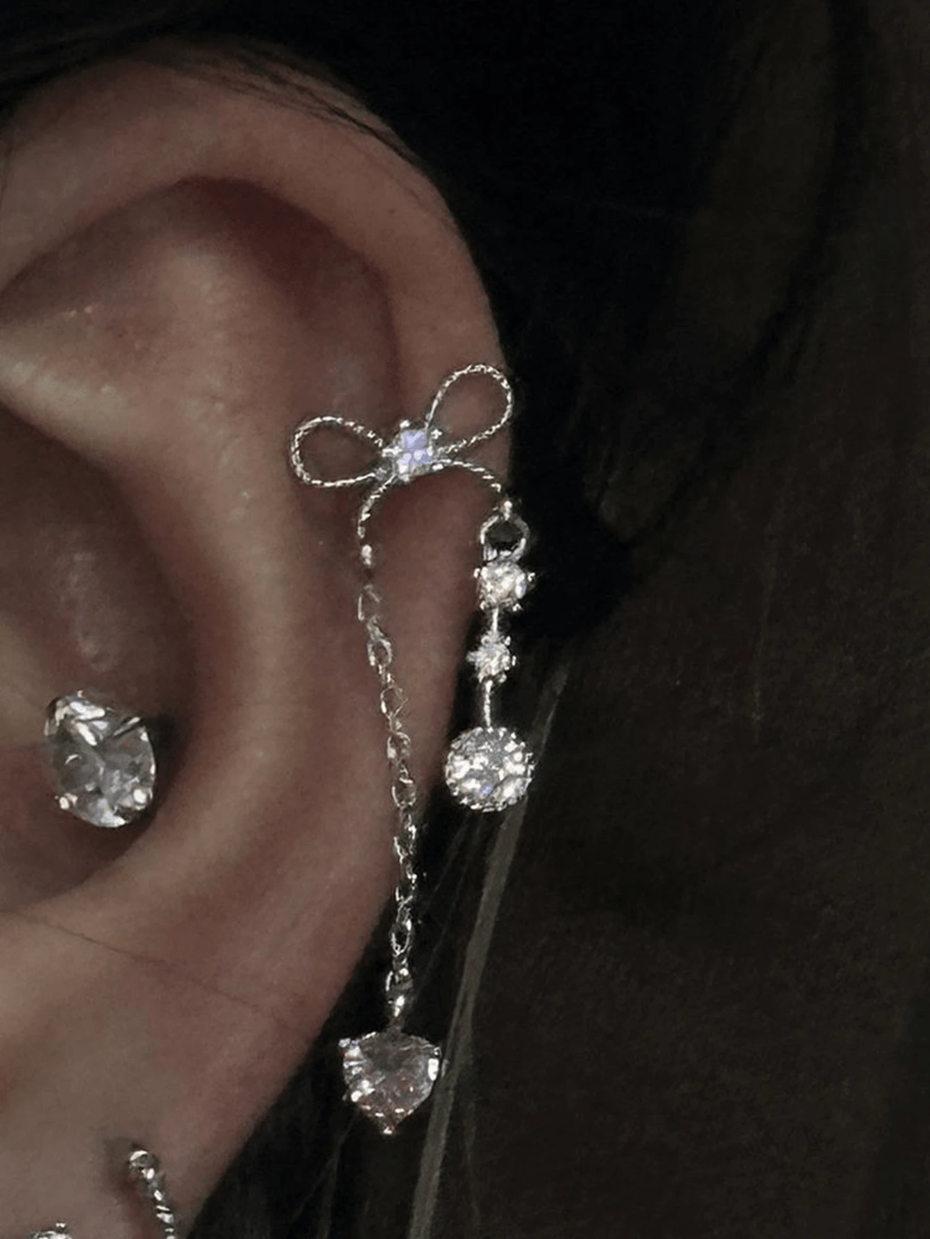 1 pieza Pendientes de botón con corazón y lazo para mujeres, adecuados para fiestas, reuniones, cumpleaños y uso diario - Plateado - Ver 1