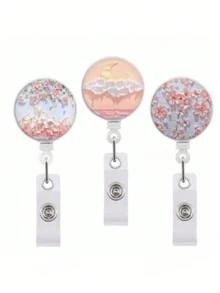 3 件花朵和天空可爱徽章夹，可伸缩卷轴徽章，适合教师、学生、医生、护士、办公室礼品、学校用品、返校 - 粉色 - 查看 1