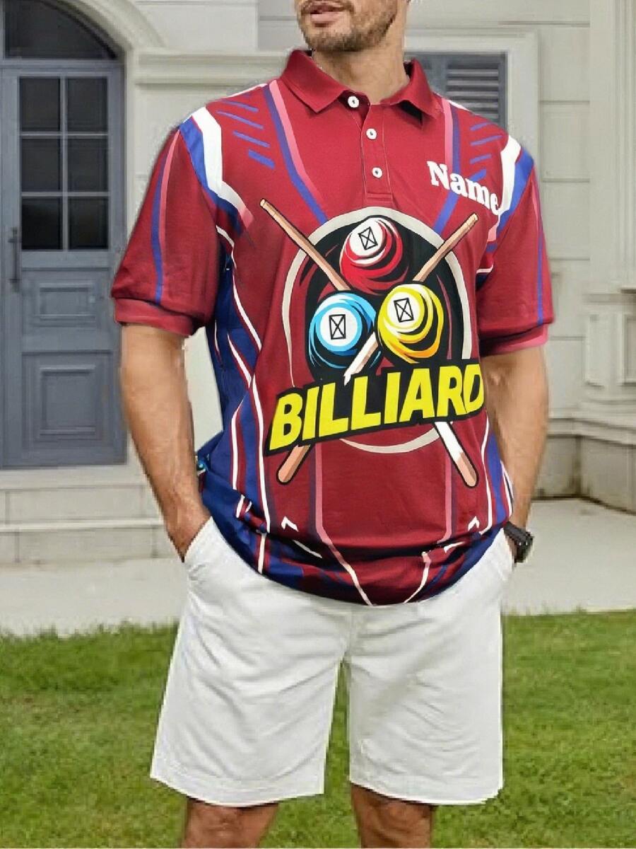 男士台球主题 Polo 衫，印有生动的台球元素（球、球杆、“BILLIARD”），红蓝配色引人注目，经典版型适合多种场合，“姓名”保留定制，兼具时尚与独特性