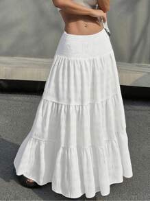 女士秋冬长款荷叶边下摆白色纹理高腰多层长裙，浪漫休闲 - 白色 - 查看 3