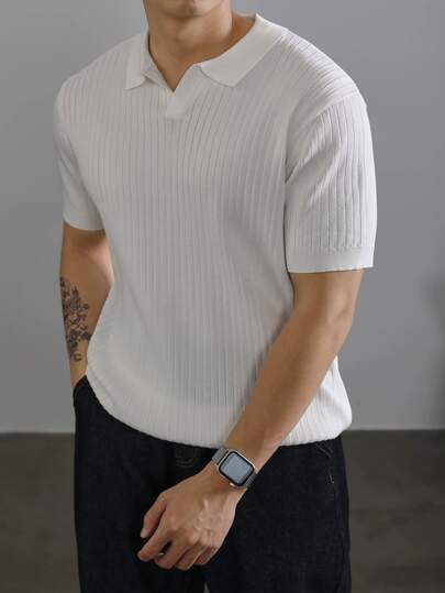 Men's Loose Fit Thin Casual Ribbed Short Sleeve Polo Knit Top