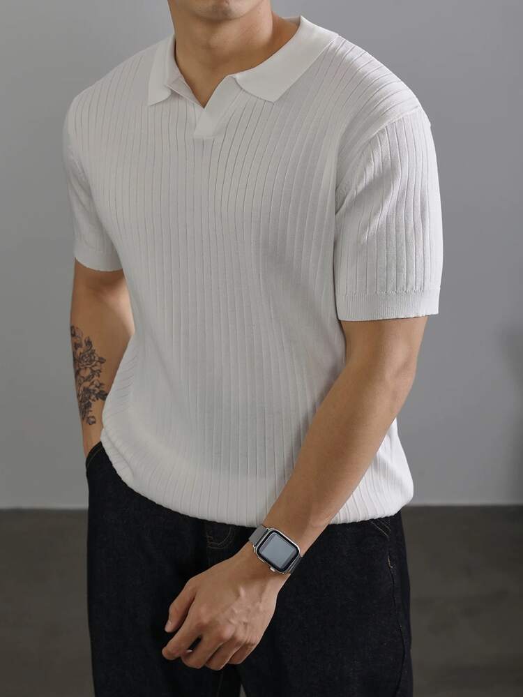 ALTZTAR Men's Loose Fit Thin Ribbed Short Sleeve Polo Knit Top - White - View 1