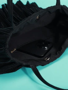 Bolso de hombro con volantes estilo princesa, bolso plisado lindo, vestido con volantes de unicolor para mujeres - Negro - Ver 6
