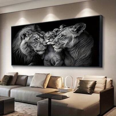 1 件 2D 平面，2025 年新款现代轻奢极简主义狮子墙饰 - 黑白狮子家庭肖像帆布印刷，无框，适用于客厅、卧室、办公室、卧室艺术品焦点艺术品，狮子墙面装饰