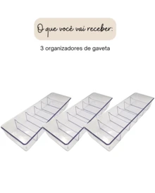 Organizador de Gavetas Kit com 3 Acrílico com 6 Divisórias Porta joias, Porta acessórios, Porta objetos de escritório - Transparente - Visão 7