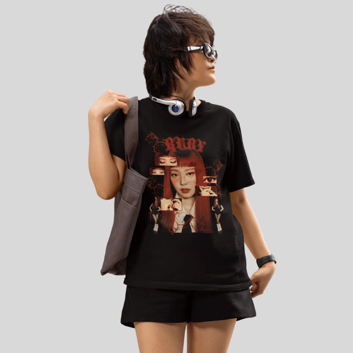Kpop Jennie Ruby Singer Printed Cotton T-Shirt Women's T-Shirt - Negro - Ver 1