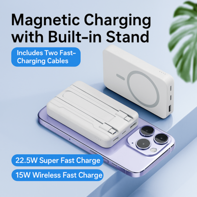 10000mAh Magnetic Wireless Power Bank - Built-In USB-C And Lightning Cables | Phone Holder, MagSafe Compatible Portable Charger Compatible With IPhone 16/15/14/13/12 Pro/Pro Max/Mini And Android Devices | Fast Charging Backup Battery Pack, Strong Magnetic Suction, Compact And Portable Design | Perfect For Daily Use, Commuting, School, Office, Outdoor Activities | Must-Have Tech Gifts For Students, Women, Men Nan