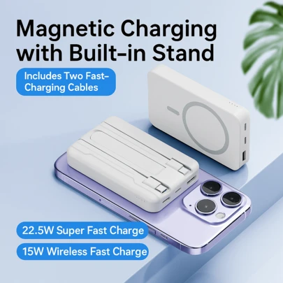 10000mAh Magnetic Wireless Power Bank - Built-In USB-C And Lightning Cables | Phone Holder, MagSafe Compatible Portable Charger Compatible With IPhone 16/15/14/13/12 Pro/Pro Max/Mini And Android Devices | Fast Charging Backup Battery Pack, Strong Magnetic Suction, Compact And Portable Design | Perfect For Daily Use, Commuting, School, Office, Outdoor Activities | Must-Have Tech Gifts For Students, Women, Men Nan