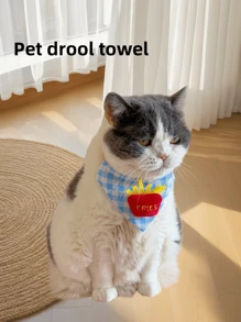 1pc Pet Bandana Collar, Cute Cartoon Plaid Bib For Small Dogs Cats, Blue