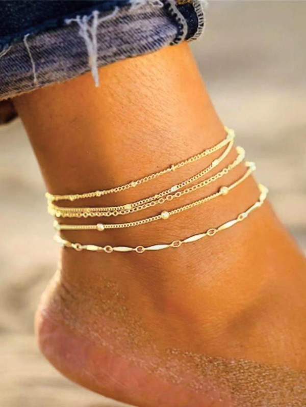 5pcs Minimalist Fashion Pearl Chain Anklets For Women, Suitable For Daily Wear
