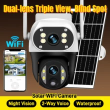 1 台太阳能供电 WIFI IP 摄像机 - 12MP 超高清双镜头三屏、350°PTZ 旋转、AI 跟踪、彩色夜视、10 倍变焦、双向音频、PIR 运动检测、智能警报提醒、IP66 防水、无线室外/室内安全摄像头，适用于家庭、办公室、庭院、农场、宠物监控，带移动应用程序，太阳能充电 - 白色 - 查看 1