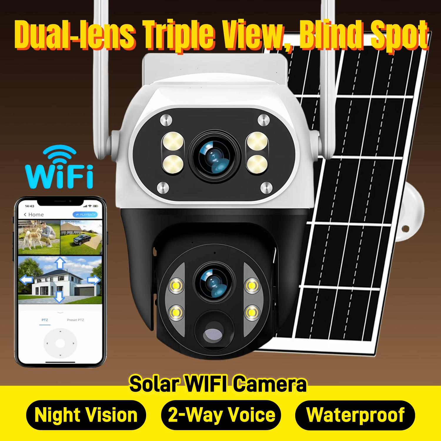 1 台太阳能供电 WIFI IP 摄像机 - 12MP 超高清双镜头三屏、350°PTZ 旋转、AI 跟踪、彩色夜视、10 倍变焦、双向音频、PIR 运动检测、智能警报提醒、IP66 防水、无线室外/室内安全摄像头,适用于家庭、办公室、庭院、农场、宠物监控,带移动应用程序,太阳能充电 - 白色 - 查看 1