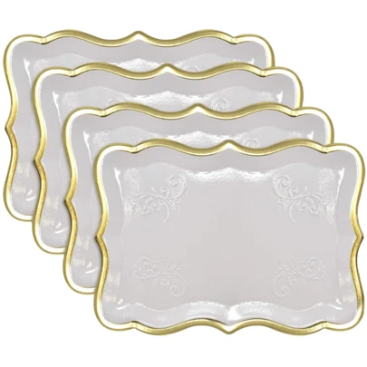 10 piezas de 9" X 13" Platos de papel desechables elegantes con borde dorado, platos de papel desechables rectangulares blancos con ribete dorado, adecuados para exhibición de postres, fiestas de mesa, banquetes y otras ocasiones, diseño elegante, se pueden usar para sostener forros de papel para magdalenas, fiestas de cumpleaños, bodas, despedidas de soltera, picnics y uso doméstico cotidiano.