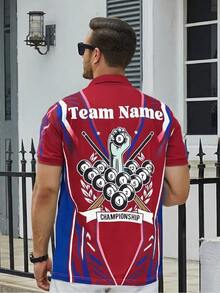 男士台球主题 Polo 衫，印有生动的台球元素（球、球杆、“BILLIARD”），红蓝配色引人注目，经典版型适合多种场合，“姓名”保留定制，兼具时尚与独特性 - 紅色 - 查看 3