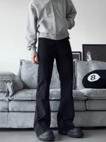 leev 紧身弹力牛仔裤，休闲街头时尚水洗棉喇叭裤，带斜口袋 - 黑色 - 查看 2