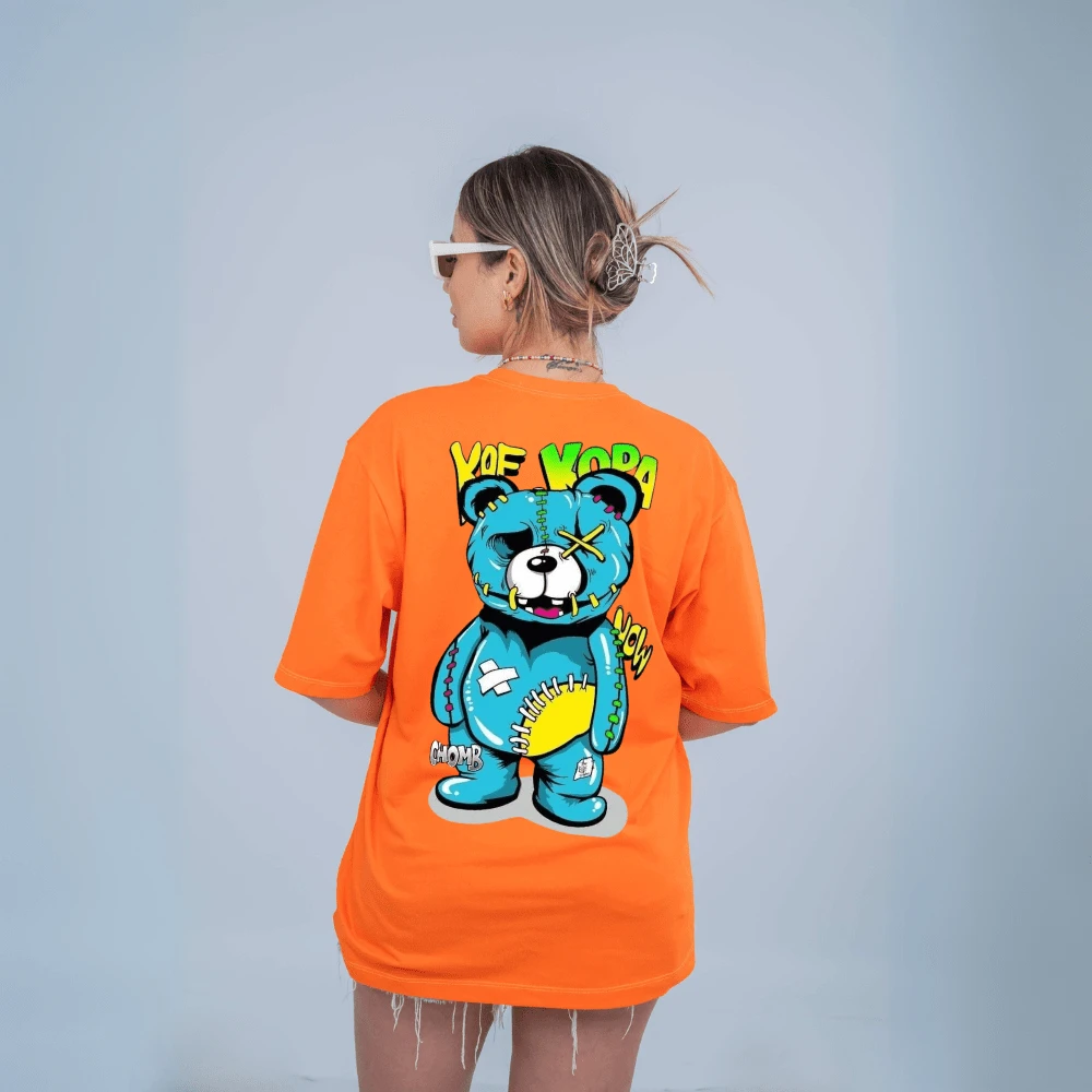 Unisex Oversized T-Shirt With Graffiti Bear Print, Loose Wide Blouse, Round Neck, Women's, Men's, Streetwear Style, Street Fashion - Orange - View 1