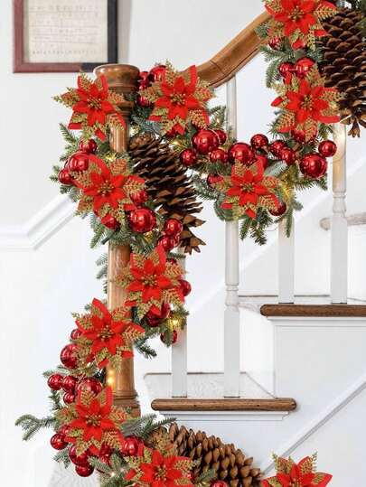 10/20pcs Christmas Glitter Flower Holiday Christmas Tree Decorations (With Clips), Artificial Christmas Tree Floral Decor, Party, Wreath, New Year Outdoor Decor (Red & Gold)