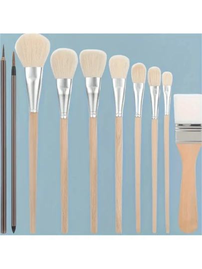 10pcs Ceramic Glazed Brush Set, Acrylic Painting Mop Brush Combo, Goat Hair Mixed Mop Brush Suitable For Acrylic Painting, Ceramic, Gold Leaf,For School Supplies,Back To School