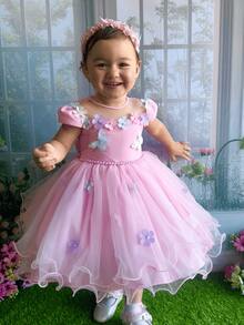 Garden Birthday Party Dress  Forest Pink Applique Butterflies Flowers -1.2.3.4 - 淺粉色 - 查看 1