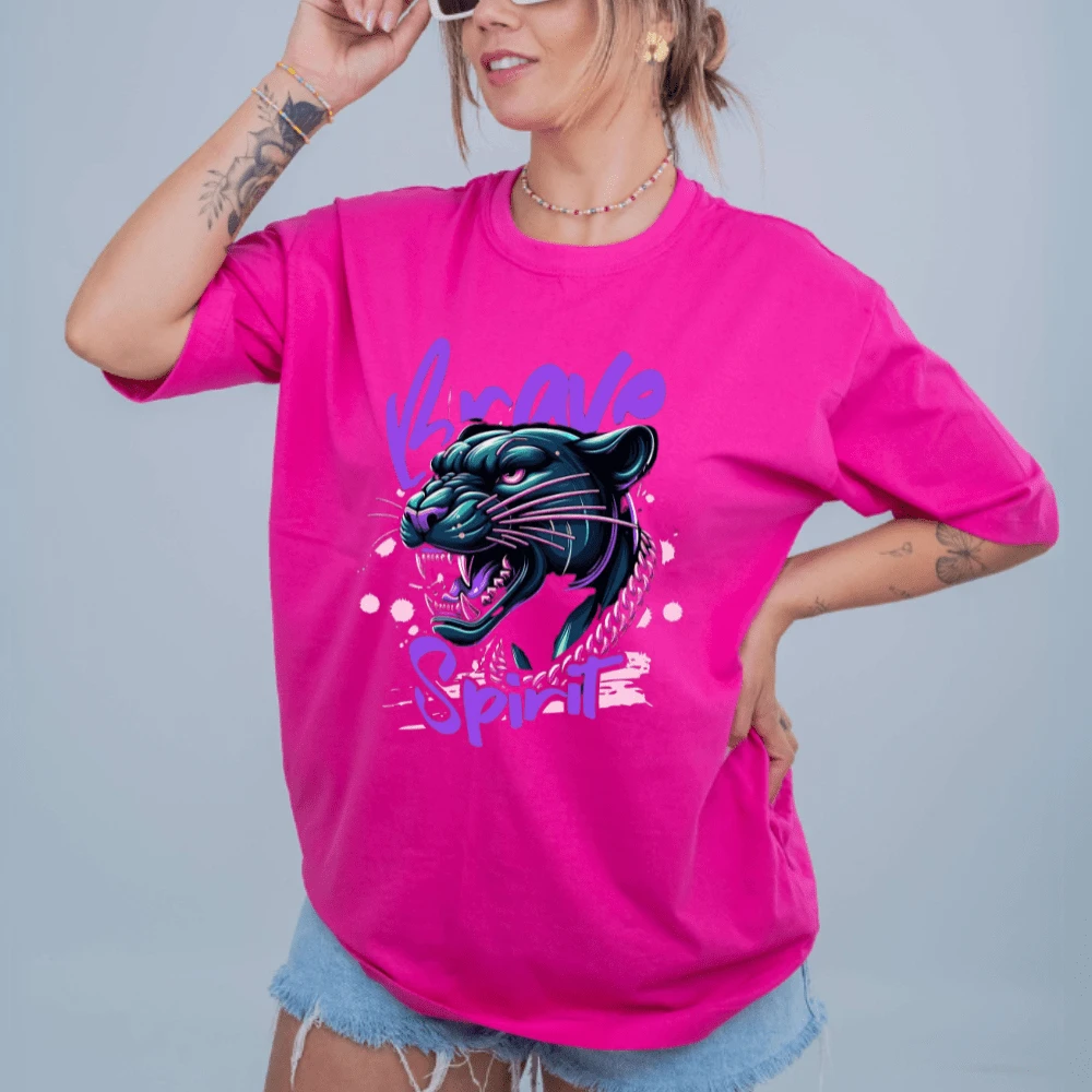 Brave Panther Printed Unisex Oversized T-Shirt Loose Round Neck Women's Men's Streetwear Style