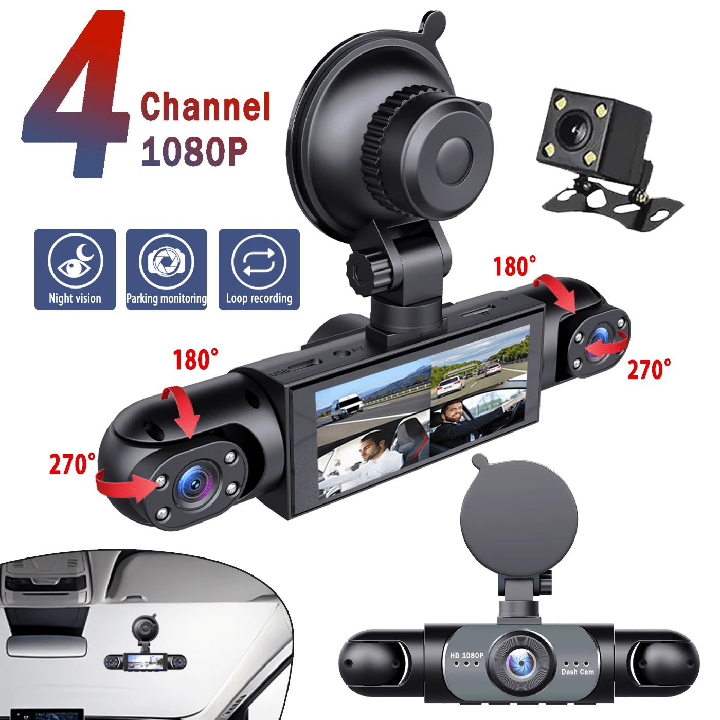 Car Dashboard Camera 4-Channel Black Box Driving Camera FHD 1080P Front View Mirror And 720P Left And Right Rear View Mirrors, Night Vision, Loop Recording 24-Hour Parking Monitoring, Essential Driving Supplies, Equipped With 64G Memory Card,