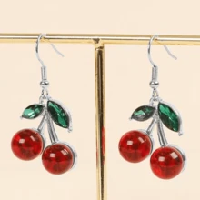 1 Pair Fashionable Fruit Earrings, Cherry Copper Hook Earrings Design, Suitable For Women To Wear Daily In Autumn/Winter Red Series - Silver Red Earrings - View 2