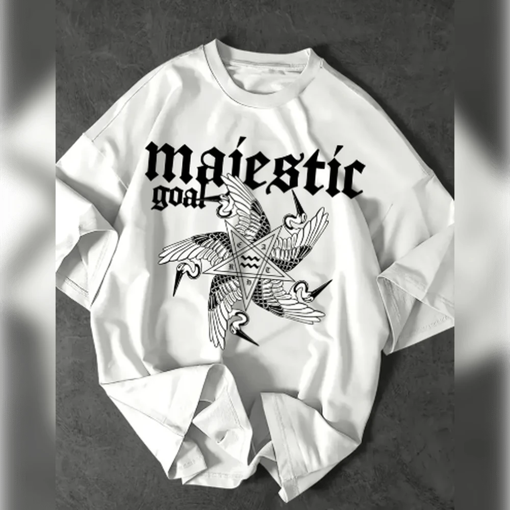Majestic Goal Men's Street Graphic T-Shirt - Standout Letters And Bird Print, Loose Fit With Crew Neck And Short Sleeve, Breathable Summer Casual Tee, Machine Washable, Casual Tee | Loose Top | Comfortable Fabric - 白色 - 查看 1