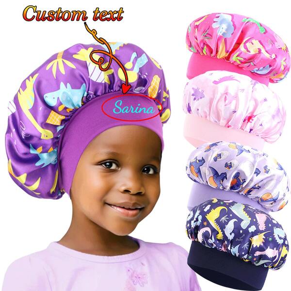 Customized Text Baby Satin Sleep Cap/Bath Cap, Cute Cartoon Dinosaur Print Children's Satin Sleep Cap, Hair Protection, Elastic Wide-Brim Round Cap, Soft & Stretchy, Suitable For Boys & Girls, Birthday & Daily Wear