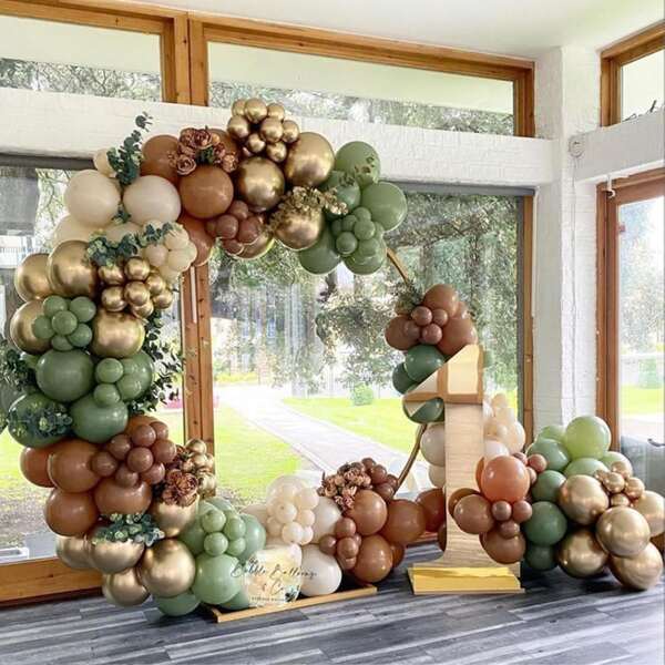 1 Set Of 60pcs 12 Inch Olive Green, Dark Brown, Coffee, Nude Gold Balloons For Jungle , Hunting, Forest, Birthday Decoration