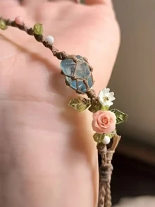 手工波西米亚风花卉手链 - 随机颜色珠子、天然宝石和四月生辰石，浅蓝色梦幻海洋主题装饰，点缀粉色玫瑰、白色雏菊和绿色叶子，适合日常佩戴、派对礼物、情人节礼物，尺寸略小 - 海藍寶吊墜手繩 - 查看 6