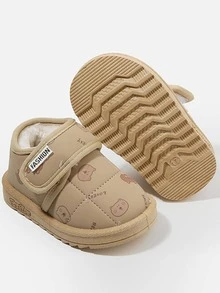 1 par de zapatos de invierno para niños con diseño de oso de dibujos animados, decorados con y peluche, de estilo plano y lindo, fáciles de poner y quitar, adecuados para otoño/invierno, para uso diario en interiores y exteriores, y para viajes cortos