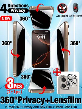 Yezodawee 2 paquetes de protector de pantalla de privacidad de 360 grados en 4 direcciones + 1 paquete de protector de lente de cámara, compatible con Phone 17 Pro Max/17 Pro/17 Air/17, película de vidrio templado antiespia de 360 grados de protección de privacidad en 4 direcciones horizontal y vertical