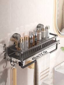 1 pieza Estantería organizadora de baño sin perforación con ventosas, estante de almacenamiento montado en la pared a prueba de óxido con ganchos y toallero, estantería de almacenamiento de baño ahorradora de espacio para guardar champú, jabón y accesorios de baño - Multicolor - Ver 6