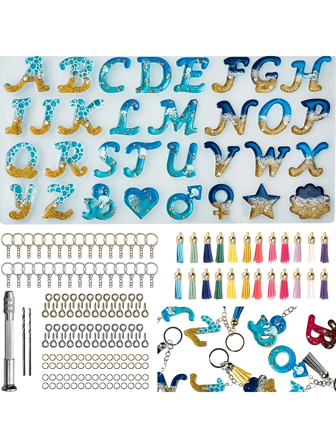 168pcs Front Facing Letter Resin Molds Kit, Including Alphabet And Decoration Epoxy Resin Molds For Keychain Making, With 1 Hand Drill, 2 Drill Bits, And 164 Keychain Supplies
