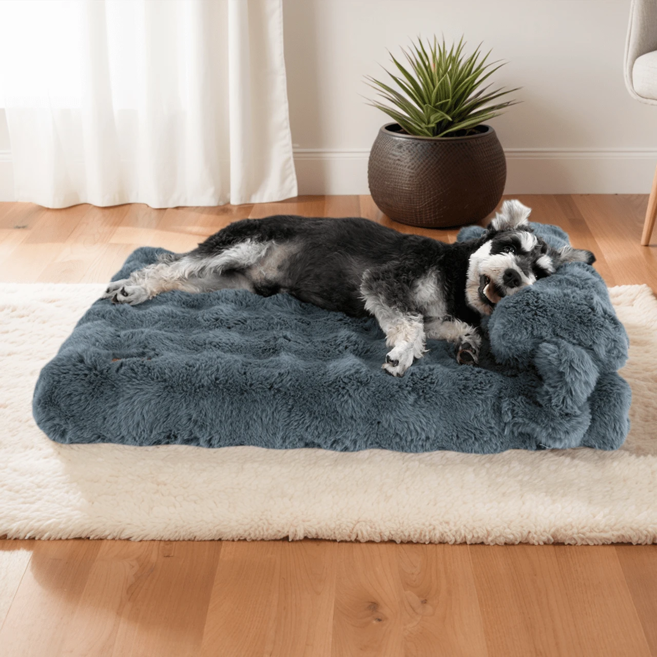 Dog Bed And Large Cat Couch – Fluffy Faux Rabbit Fur Pet Sofa For Small And Medium Dogs, Washable Removable Cover, LUXURIOUS FAUX RABBIT FUR: Pamper Your Pet With The Softest Faux Rabbit Fur In A Bubble-Textured Design. - Dark Grey - View 1