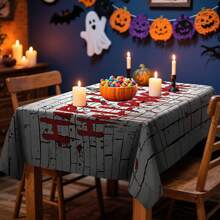 1/20pcs Halloween Tablecloth, Scary White Background With Red Halloween Lettering Pattern Tablecloth, Suitable For Scary Party Decorations, Kitchen And Dining Room, Halloween Decorations, Festive Table Setting