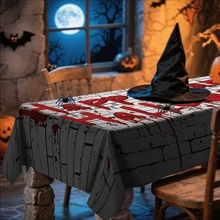 1/20pcs Halloween Tablecloth, Scary White Background With Red Halloween Lettering Pattern Tablecloth, Suitable For Scary Party Decorations, Kitchen And Dining Room, Halloween Decorations, Festive Table Setting