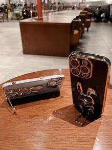 奢华电镀黑色手机壳，带可爱笑脸兔子支架，夏季新款时尚硅胶防震保护软壳，适用于 16 16e 15 14 13 12 11 X XS XR 8 7 Plus Pro Max Mini、Samgsung Galaxy S24 S25 Ultra，兼容小米 Redmi，兼容华为 Honor OPPO Reno MOTO Infinix 男/女款 2025 Y2k 风格防水防摔防刮 - 黑色 - 查看 7