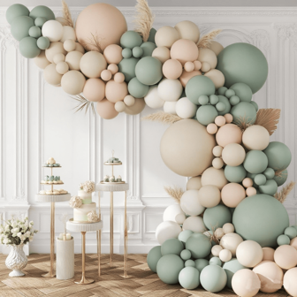 135pcs Balloon Arch Kit, Sage Green Balloon Arch Kit With Nude, White, Beige, Olive Green Balloons, For Wedding, Birthday, Shower Decor