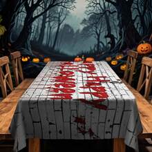1/20pcs Halloween Tablecloth, Scary White Background With Red Halloween Lettering Pattern Tablecloth, Suitable For Scary Party Decorations, Kitchen And Dining Room, Halloween Decorations, Festive Table Setting