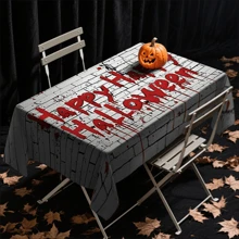 1/20pcs Halloween Tablecloth, Scary White Background With Red Halloween Lettering Pattern Tablecloth, Suitable For Scary Party Decorations, Kitchen And Dining Room, Halloween Decorations, Festive Table Setting
