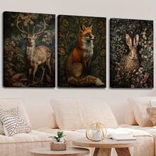 3 件无框帆布印刷套装 - 乡村农舍深色林地动物装饰，带有狐狸、兔子和鹿，花卉背景 - 非常适合客厅、卧室或家庭办公室墙壁艺术、室内墙壁艺术|花卉动物艺术 - 彩色 - 查看 6