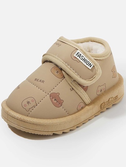 1 par de zapatos de invierno para niños con diseño de oso de dibujos animados, decorados con y peluche, de estilo plano y lindo, fáciles de poner y quitar, adecuados para otoño/invierno, para uso diario en interiores y exteriores, y para viajes cortos