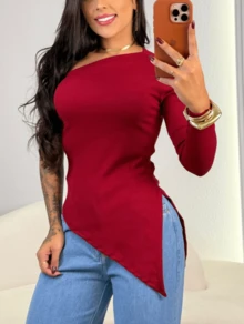 Blusa Elegante Assimétrica Ribana Canelada Com Forro Mula Manga Um Ombro Só Básica - Marsala - Visão 1
