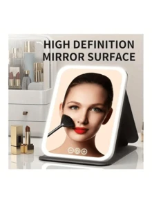 LED Makeup Mirror, Portable Foldable Vanity Mirror, 3-Color Lighting, Dimmable Touch Screen, Compact Cosmetic Mirror