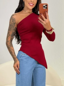 Blusa Elegante Assimétrica Ribana Canelada Com Forro Mula Manga Um Ombro Só Básica - Marsala - Visão 2