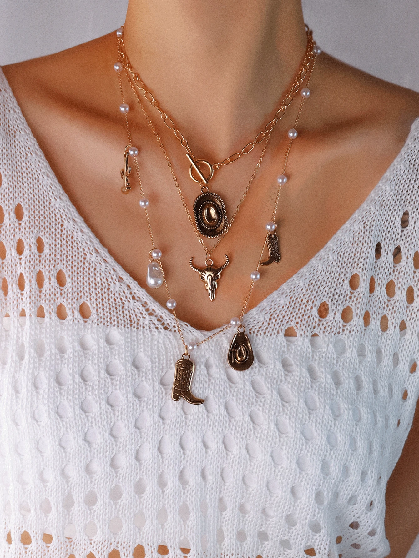 Conjunto De 3 Peças Estilo Cowboy Ocidental Vintage: Chapéu De Cowboy, Botas De Cowboy, Colar Com Pingente De Metal Em Forma De Cacto E Cabeça De Touro, Colar Com Pingente De Bota Com Corrente De Pérolas Em Camadas Retrô - Multicolorido - Ver 1