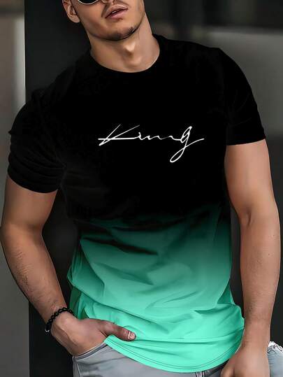 男士“KING”渐变短袖 T 恤 - 运动休闲，圆领，100% 涤纶 - 夏季完美选择，可机洗