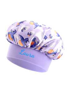 Customized Text Baby Satin Sleep Cap/Bath Cap, Cute Cartoon Dinosaur Print Children's Satin Sleep Cap, Hair Protection, Elastic Wide-Brim Round Cap, Soft & Stretchy, Suitable For Boys & Girls, Birthday & Daily Wear - One Size - View 6