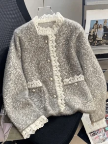 女士秋冬撞色蕾丝长袖单排扣针织开衫，适合通勤、春假、度假、演唱会、波西米亚风、音乐节 - 灰色 - 查看 1